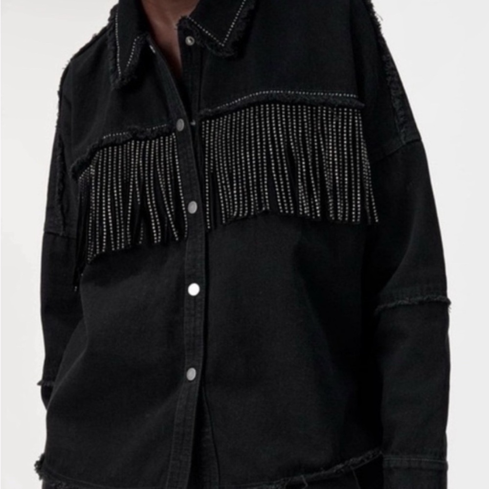 Zara Black Fringe Embellished Denim Jacket